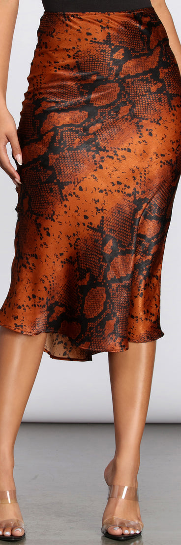 Satin Flared Snake Midi Skirt for 2023 festival outfits, festival dress, outfits for raves, concert outfits, and/or club outfits