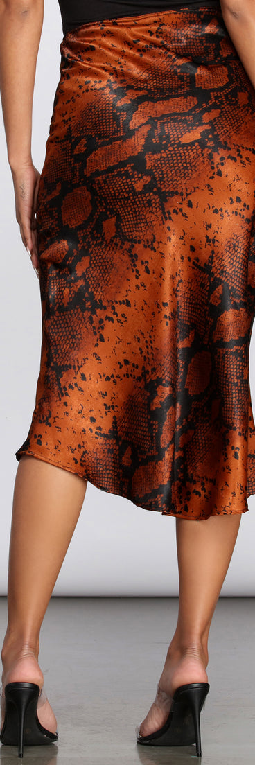 Satin Flared Snake Midi Skirt provides a stylish start to creating your best summer outfits of the season with on-trend details for 2023!