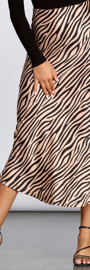 Zebra Flared Midi Satin Skirt