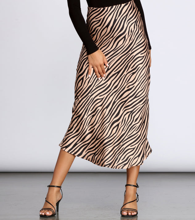 Zebra Flared Midi Satin Skirt