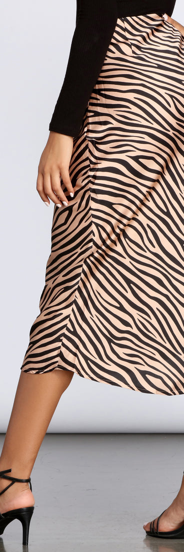 Zebra Flared Midi Satin Skirt