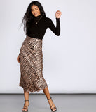Zebra Flared Midi Satin Skirt