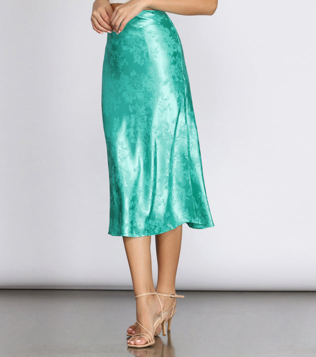 Embossed Floral Print Satin Midi Skirt