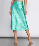 Embossed Floral Print Satin Midi Skirt
