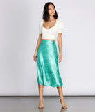 Embossed Floral Print Satin Midi Skirt
