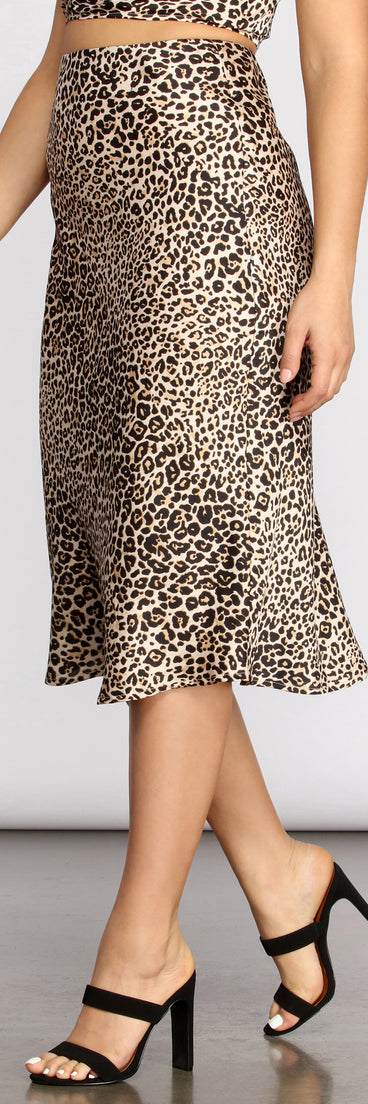 Feline Myself Satin Leopard Flare Midi Skirt provides a stylish start to creating your best summer outfits of the season with on-trend details for 2023!