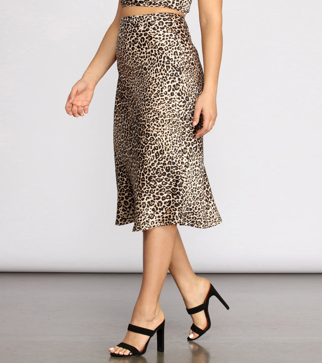 Feline Myself Satin Leopard Flare Midi Skirt provides a stylish start to creating your best summer outfits of the season with on-trend details for 2023!