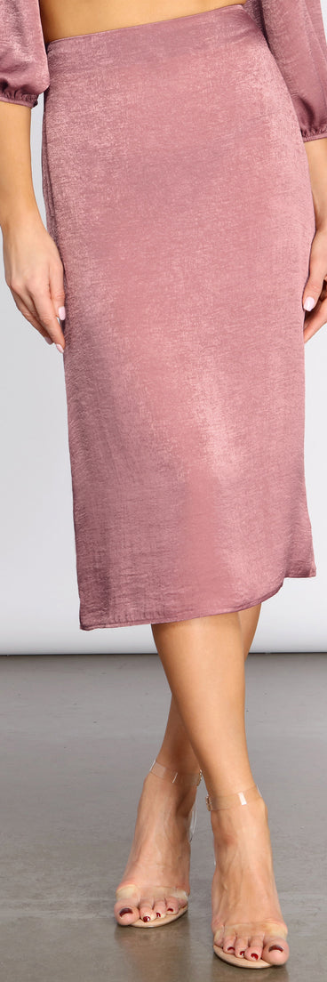 First Impression Satin Midi Skirt provides a stylish start to creating your best summer outfits of the season with on-trend details for 2023!