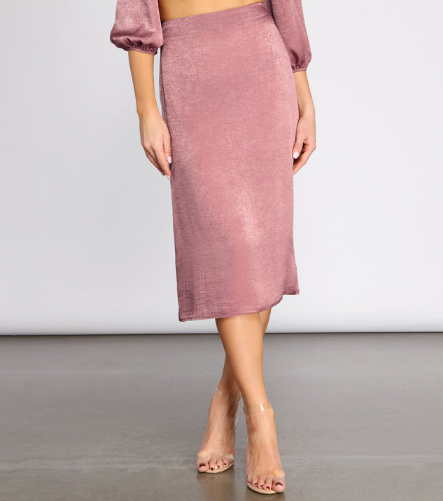 First Impression Satin Midi Skirt provides a stylish start to creating your best summer outfits of the season with on-trend details for 2023!