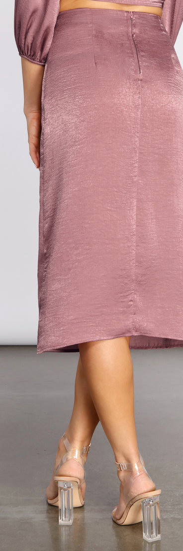 First Impression Satin Midi Skirt provides a stylish start to creating your best summer outfits of the season with on-trend details for 2023!