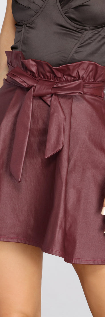 Faux Leather Paper Bag Skater Skirt for 2022 festival outfits, festival dress, outfits for raves, concert outfits, and/or club outfits