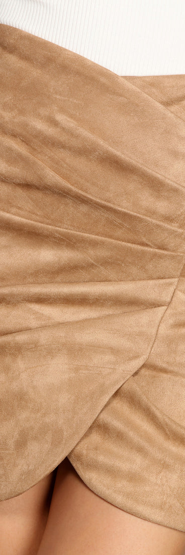 Faux Suede Ruched Mini Skirt for 2023 festival outfits, festival dress, outfits for raves, concert outfits, and/or club outfits