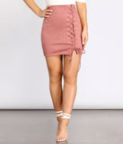 Sultry Chic Lace Up Faux Suede Mini Skirt for 2023 festival outfits, festival dress, outfits for raves, concert outfits, and/or club outfits