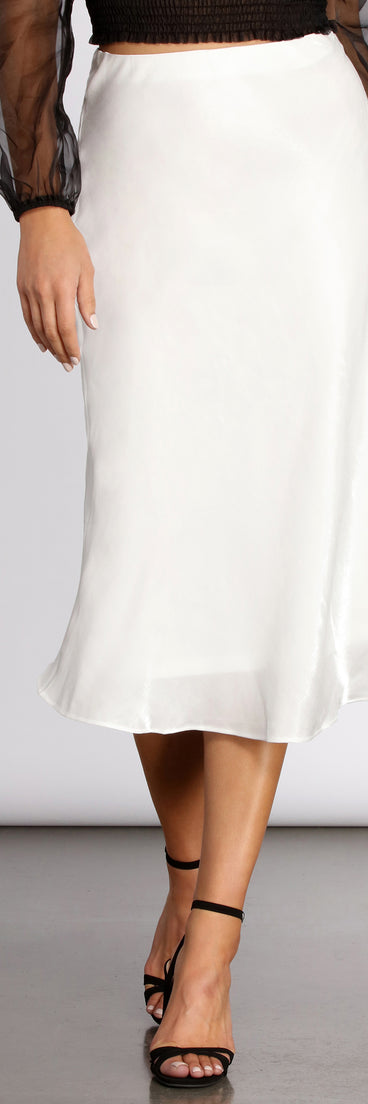 Shimmer Satin Midi Skirt provides a stylish start to creating your best summer outfits of the season with on-trend details for 2023!
