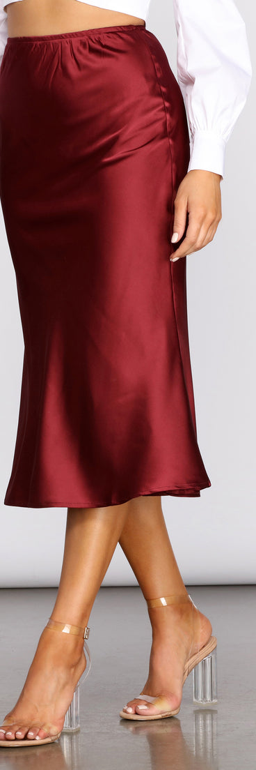 Make Your Move Satin Flare Midi Skirt provides a stylish start to creating your best summer outfits of the season with on-trend details for 2023!