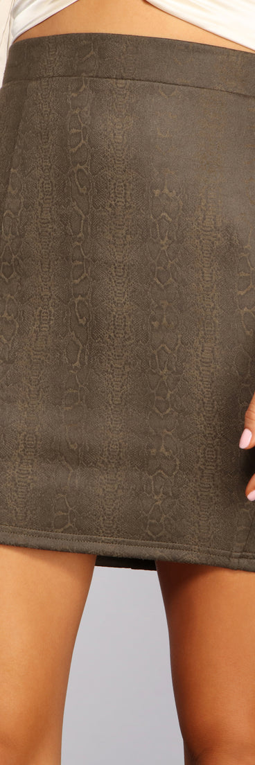 High Waist Faux Suede Snake Print Skirt for 2023 festival outfits, festival dress, outfits for raves, concert outfits, and/or club outfits