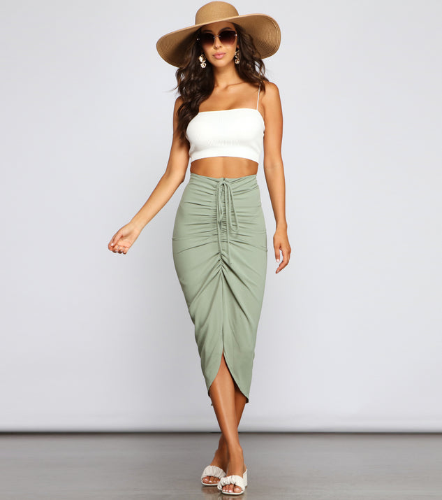 High-Rise Drama Ruched Midi Skirt provides a stylish start to creating your best summer outfits of the season with on-trend details for 2023!