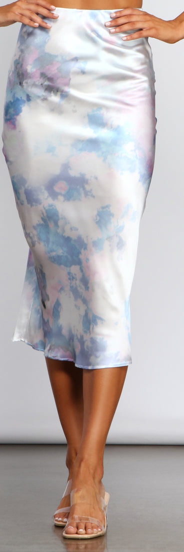 Trendy Tie Dye Satin Midi Skirt provides a stylish start to creating your best summer outfits of the season with on-trend details for 2023!
