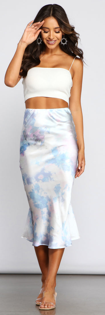 Trendy Tie Dye Satin Midi Skirt provides a stylish start to creating your best summer outfits of the season with on-trend details for 2023!