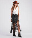 Fun Times Faux Leather Long Fringe Skirt is a fire pick to create 2023 festival outfits, concert dresses, outfits for raves, or to complete your best party outfits or clubwear!