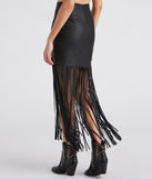Fun Times Faux Leather Long Fringe Skirt is a fire pick to create 2023 festival outfits, concert dresses, outfits for raves, or to complete your best party outfits or clubwear!
