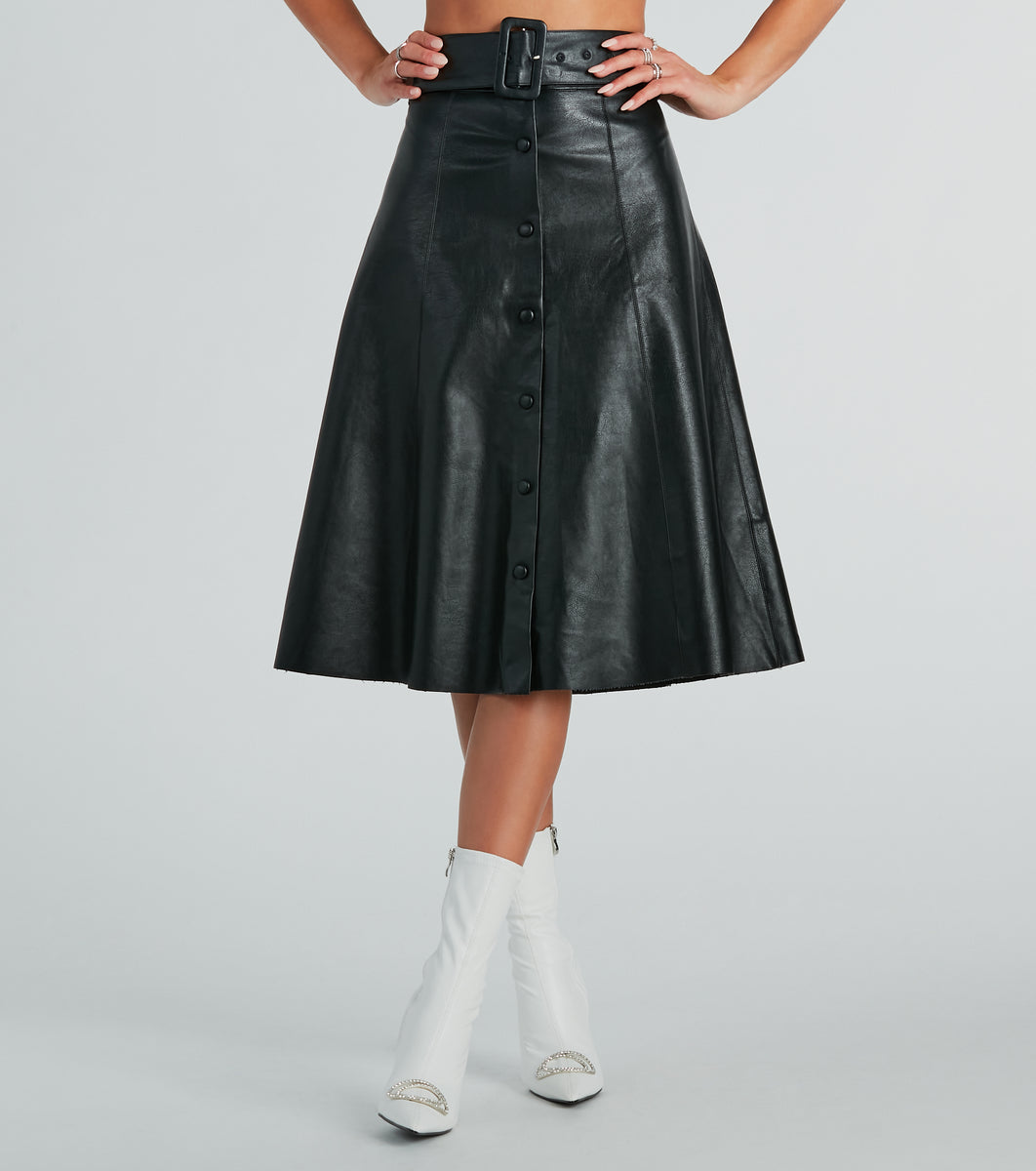 On The Go Girl Faux Leather A-Line Midi Skirt