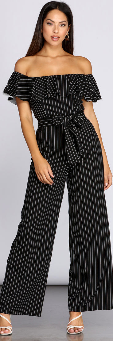 Stylishly Striped Off The Shoulder Jumpsuit will help you dress the part in stylish holiday party attire, an outfit for a New Year’s Eve party, & dressy or cocktail attire for any event.