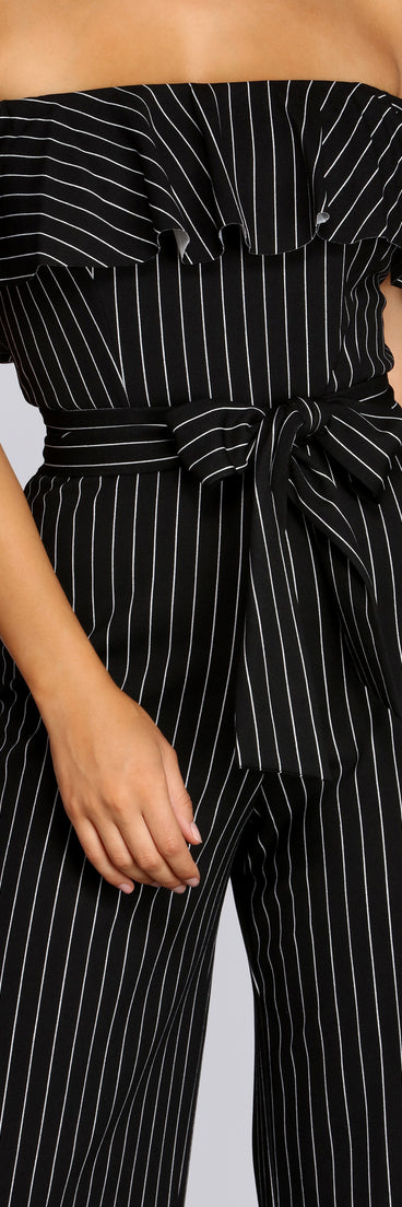 Stylishly Striped Off The Shoulder Jumpsuit for 2022 festival outfits, festival dress, outfits for raves, concert outfits, and/or club outfits