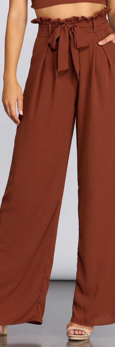 You’ll look stunning in the Ruffle Trim High-Waist Pants when paired with its matching separate to create a glam clothing set perfect for a New Year’s Eve Party Outfit or Holiday Outfit for any event!