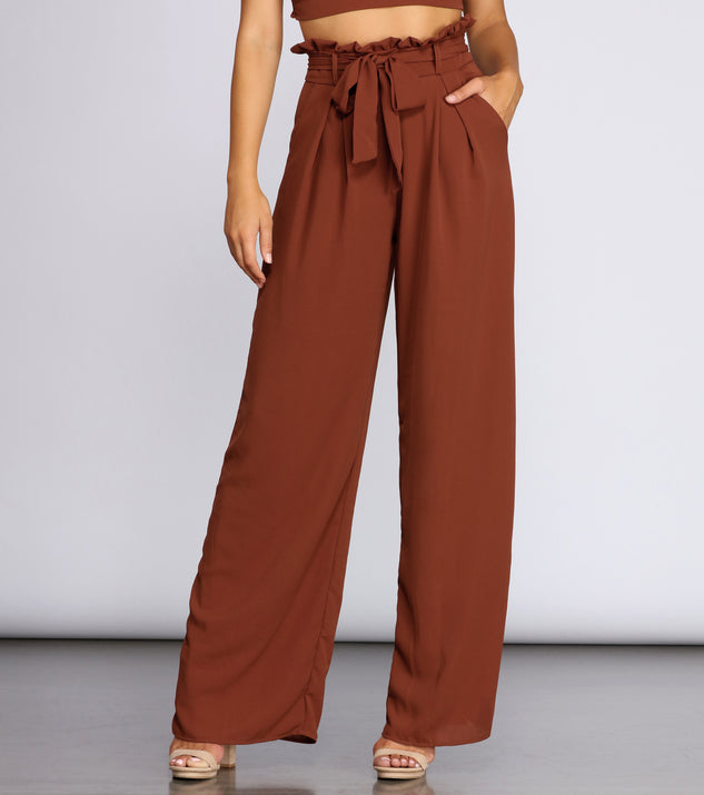 You’ll look stunning in the Ruffle Trim High-Waist Pants when paired with its matching separate to create a glam clothing set perfect for a New Year’s Eve Party Outfit or Holiday Outfit for any event!