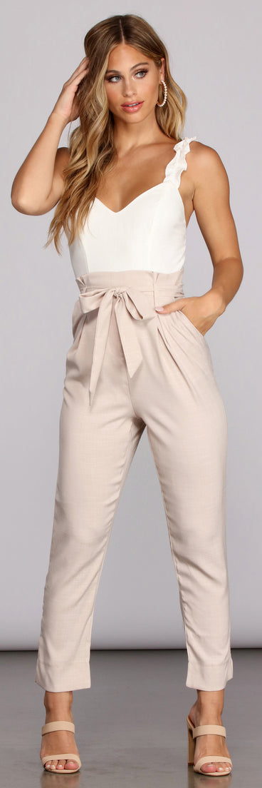 Live In Linen Ruffle Jumpsuit will help you dress the part in stylish holiday party attire, an outfit for a New Year’s Eve party, & dressy or cocktail attire for any event.