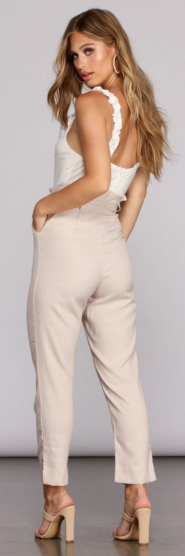 Live In Linen Ruffle Jumpsuit for 2022 festival outfits, festival dress, outfits for raves, concert outfits, and/or club outfits