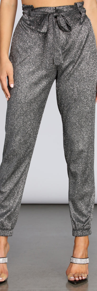 You’ll look stunning in the Paper Bag Waist Glitter Joggers when paired with its matching separate to create a glam clothing set perfect for a New Year’s Eve Party Outfit or Holiday Outfit for any event!