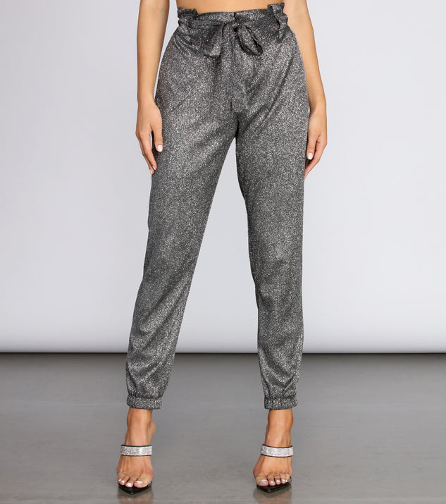 You’ll look stunning in the Paper Bag Waist Glitter Joggers when paired with its matching separate to create a glam clothing set perfect for a New Year’s Eve Party Outfit or Holiday Outfit for any event!
