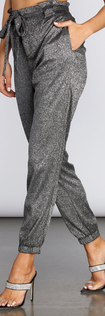 Paper Bag Waist Glitter Joggers for 2022 festival outfits, festival dress, outfits for raves, concert outfits, and/or club outfits