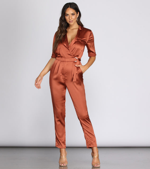 Satin Utility Jumpsuit will help you dress the part in stylish holiday party attire, an outfit for a New Year’s Eve party, & dressy or cocktail attire for any event.