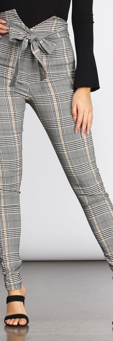 High Rise Tie Waist Plaid Skinny Pants
