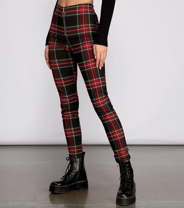 High Waist Plaid Zip Front Pants | Windsor