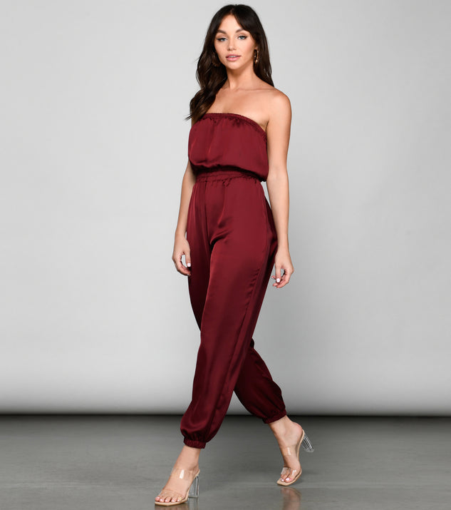 Sleek Strapless Satin Jumpsuit provides a stylish start to creating your best summer outfits of the season with on-trend details for 2023!