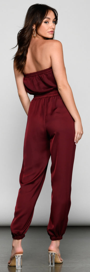 Sleek Strapless Satin Jumpsuit provides a stylish start to creating your best summer outfits of the season with on-trend details for 2023!