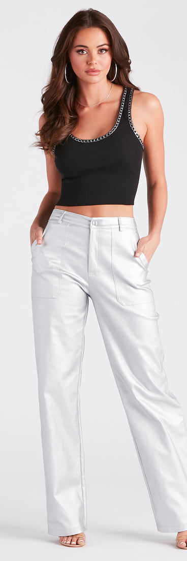 Space Glam Coated Faux Leather Cargo Pants is a fire pick to create a concert outfit, 2024 festival looks, outfits for raves, or to complete your best party outfits or clubwear!
