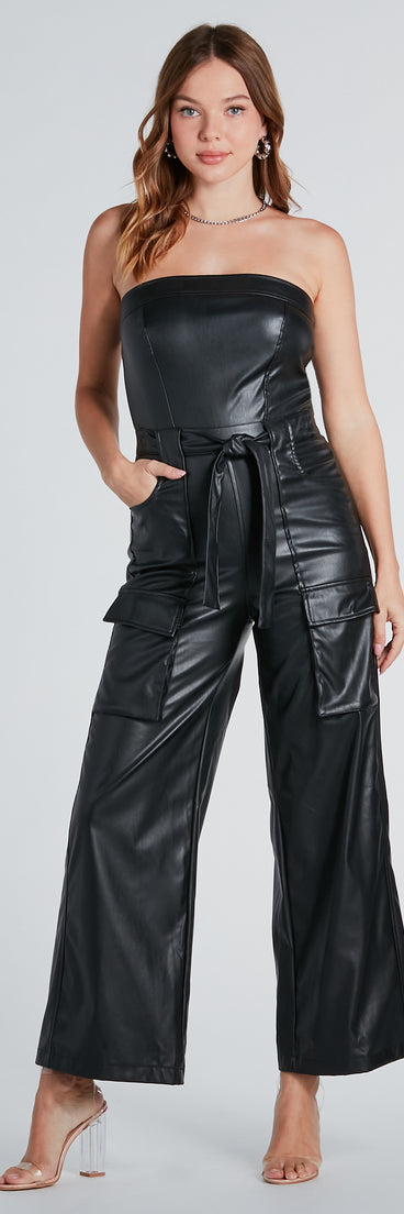Serving Chic Style Faux Leather Belted Jumpsuit