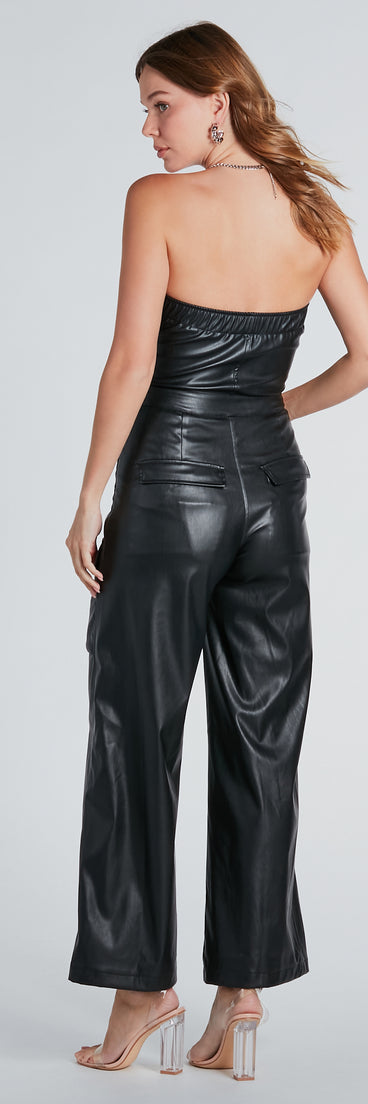 Serving Chic Style Faux Leather Belted Jumpsuit