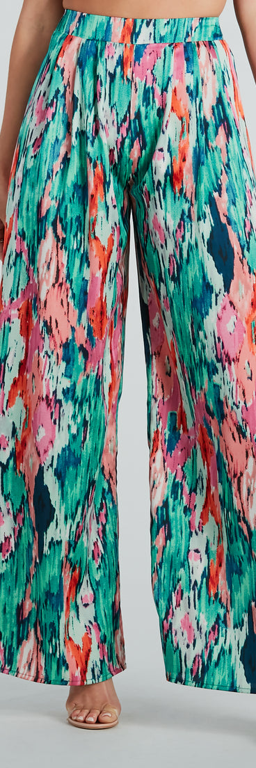 Refresh your fall closet with stylish women's pants like the Color Me Pretty Satin Abstract Wide-Leg Pants in a sleek fabric and a pant leg style that makes your look unique.