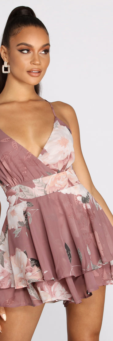 Floral Chiffon Skater Romper will help you dress the part in stylish holiday party attire, an outfit for a New Year’s Eve party, & dressy or cocktail attire for any event.