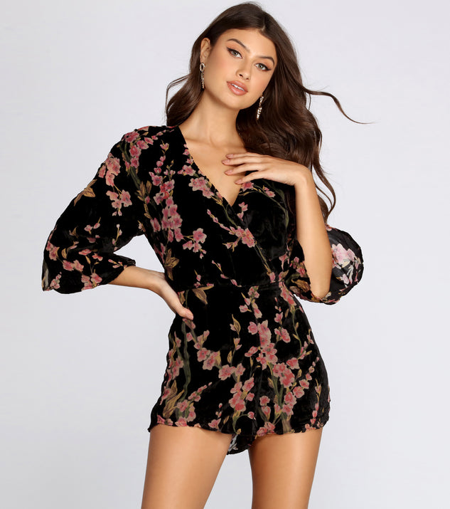 Velvet Burnout Floral Cutie Romper will help you dress the part in stylish holiday party attire, an outfit for a New Year’s Eve party, & dressy or cocktail attire for any event.