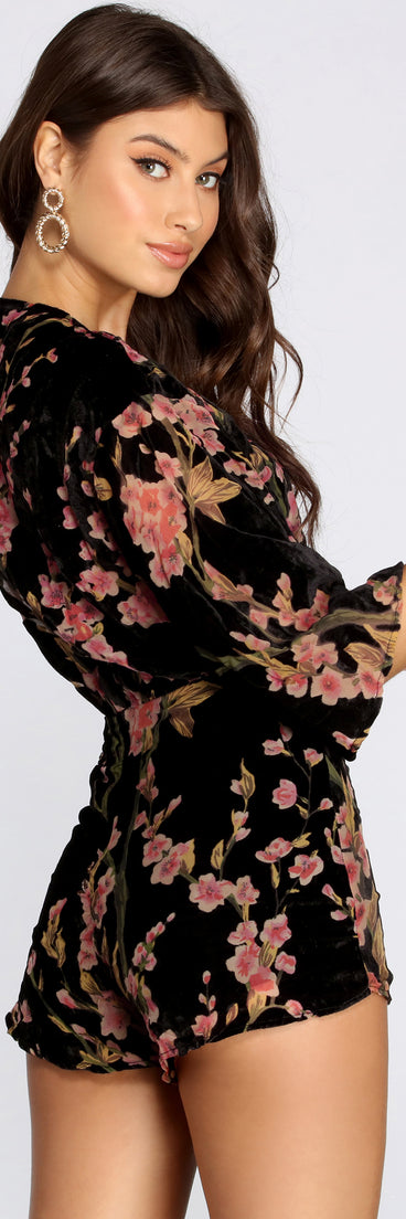 Velvet Burnout Floral Cutie Romper for 2022 festival outfits, festival dress, outfits for raves, concert outfits, and/or club outfits
