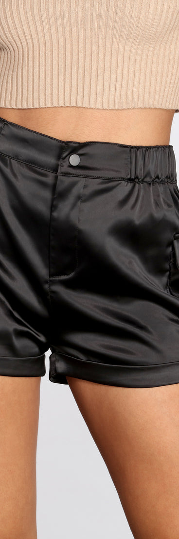 Satin Cargo Style Shorts for 2022 festival outfits, festival dress, outfits for raves, concert outfits, and/or club outfits