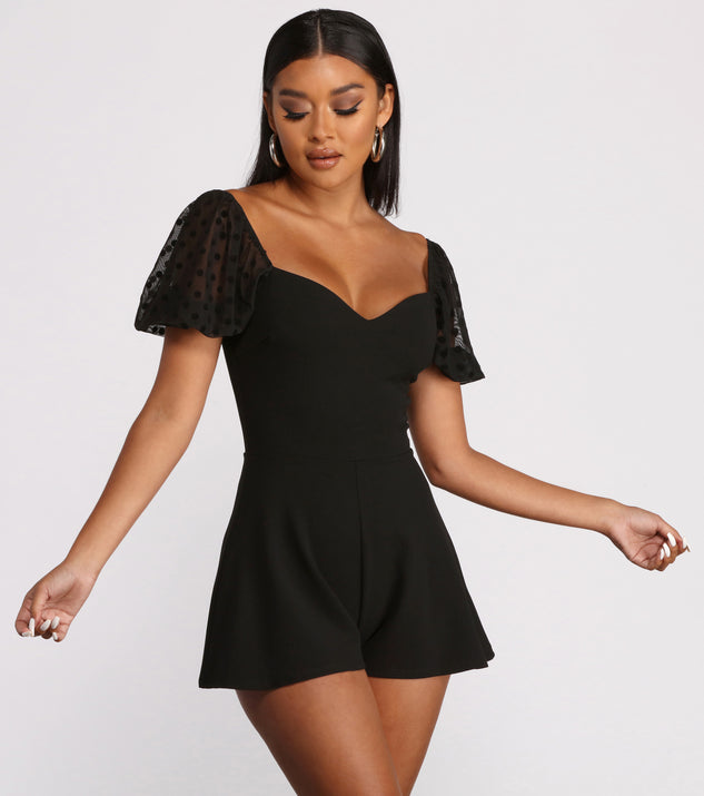 Polka Dot Puff Sleeve Sweetheart Neck Crepe Romper will help you dress the part in stylish holiday party attire, an outfit for a New Year’s Eve party, & dressy or cocktail attire for any event.