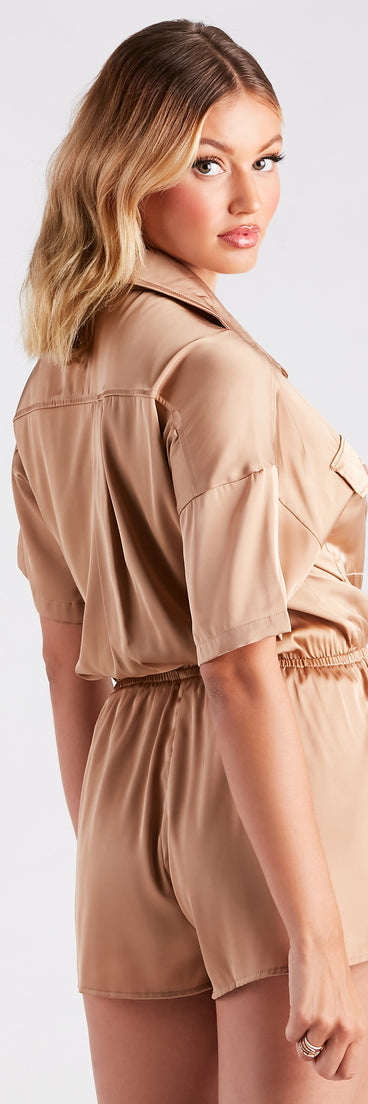 Chic Occasion Satin Collared Button-Down Romper provides a stylish start to creating your best summer outfits of the season with on-trend details for 2023!